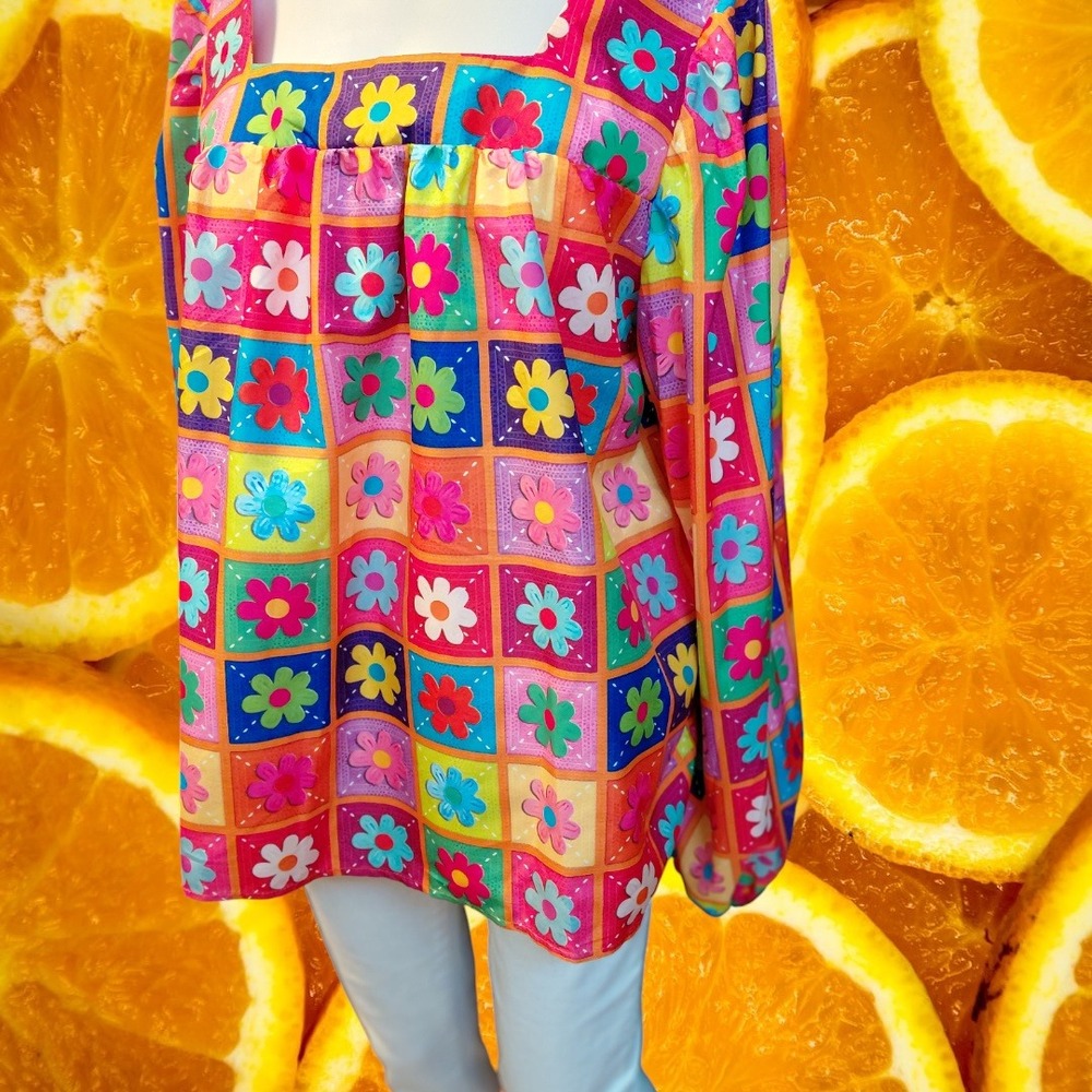 Vibrant Floral Patchwork Square Neck‎ Long Sleeve Blouse Top Colorful Retro - Picture 8 of 8